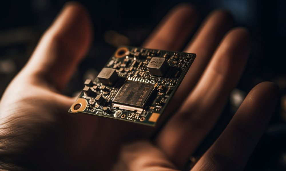 Technician repairing computer equipment, soldering semiconductor innovation generated by artificial intelligence